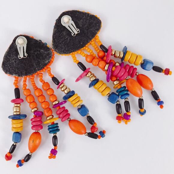 VTG Earrings Painted Wood Bead Boho Clip On Boho Tropical Chunky Eclectic 80s - Picture 12 of 12